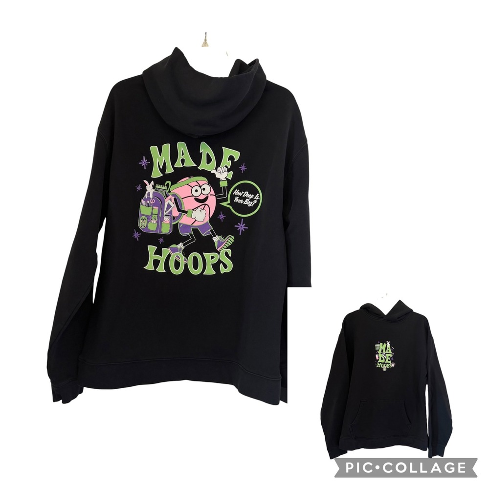 MADE Hoops Hoodie Black Graphic Basketball Character How Deep Is Your Bag Large